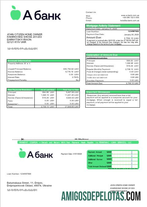 Ucrânia, um extrato de hipoteca bancária em formatos Word e PDF amostra